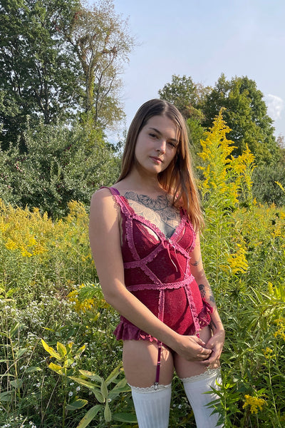 LAST ONE Adorella Body Cage in Ruby Vintage Crochet Lace