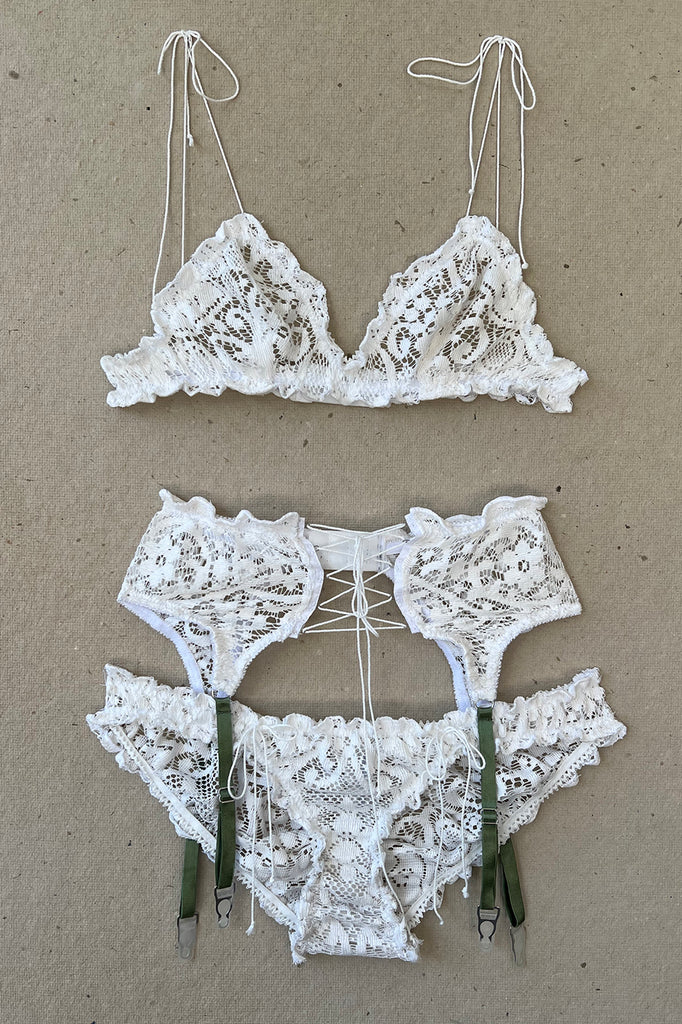 Dreamgirl Fishnet & Lace 4-Piece Halter Bralette & Garter Belt Set with Stretch Velvet Trim Accents