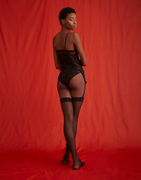 Cette Cuban Heel Seamed Thigh High Stockings in Black