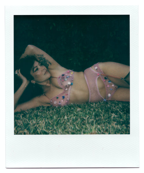 LAST ONE Rosette Garter Belt in Swiss Dot Mesh