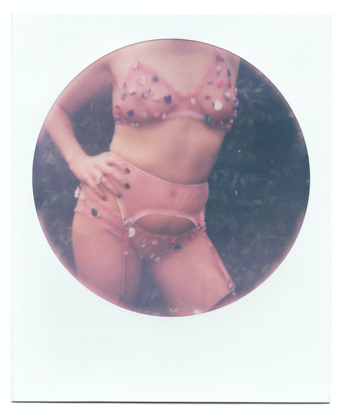 LAST ONE Rosette Garter Belt in Swiss Dot Mesh