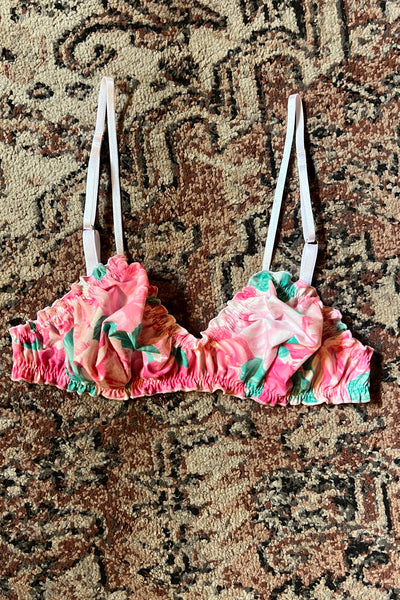 READY TO SHIP Oleander Bralette in Vintage Teal and Pink Rose Print Cotton Size M
