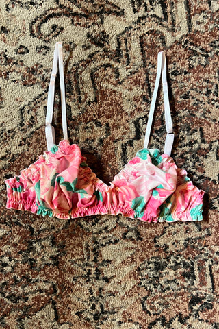 READY TO SHIP Oleander Bralette in Vintage Teal and Pink Rose Print Cotton Size M