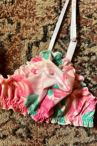 READY TO SHIP Oleander Bralette in Vintage Teal and Pink Rose Print Cotton Size M