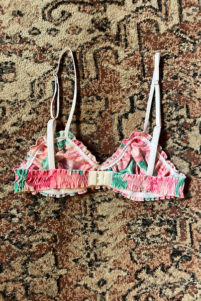 READY TO SHIP Oleander Bralette in Vintage Teal and Pink Rose Print Cotton Size M