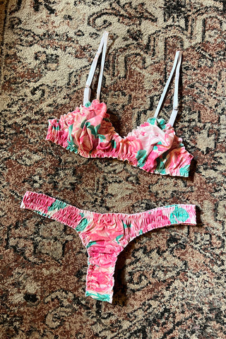 Ready to Ship Oleander Thong in Vintage Teal and Pink Rose Print Cotton Size L