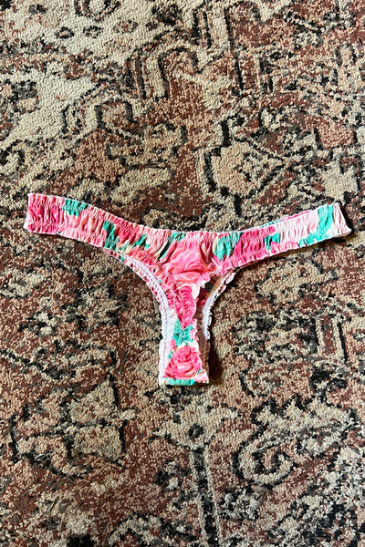 Ready to Ship Oleander Thong in Vintage Teal and Pink Rose Print Cotton Size L