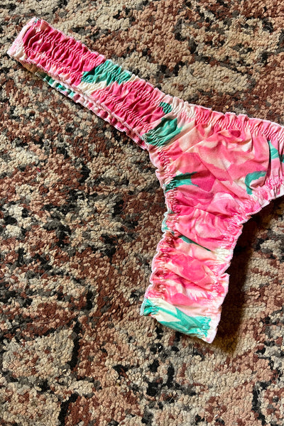 Ready to Ship Oleander Thong in Vintage Teal and Pink Rose Print Cotton Size L
