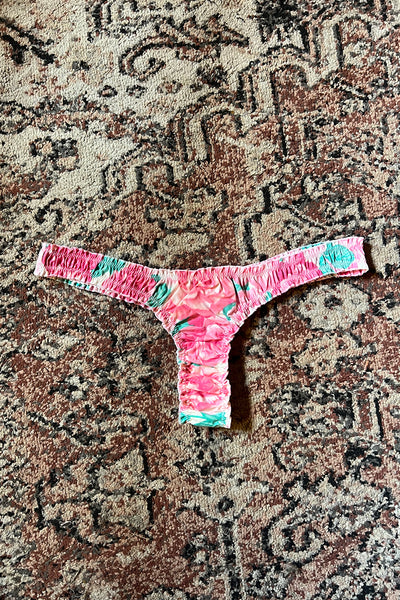 Ready to Ship Oleander Thong in Vintage Teal and Pink Rose Print Cotton Size L