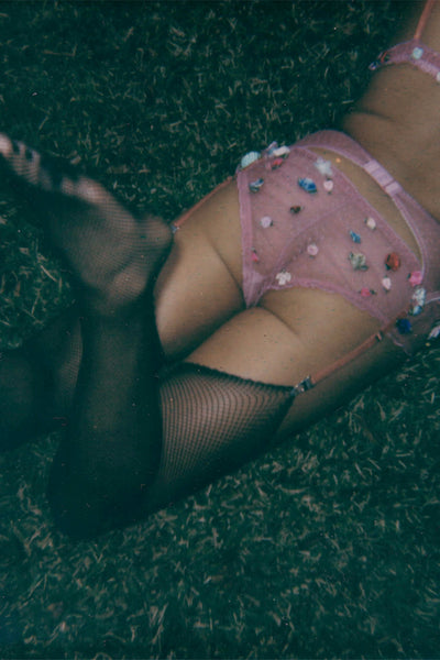 LAST ONE Rosette Garter Belt in Swiss Dot Mesh
